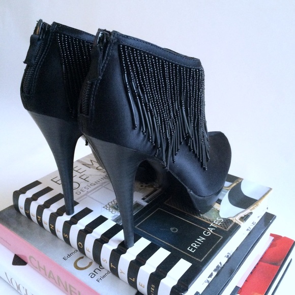 Black Satin BCBG PlatformBooties w/ Beaded Fringe - Picture 2 of 4